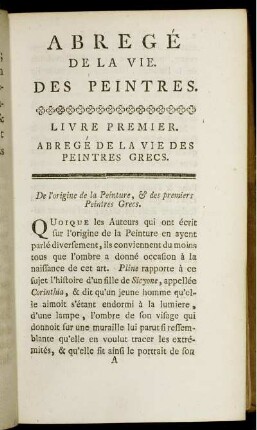 De l'origine de la Peinture, & des premiers Peintres Grecs.