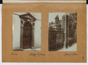Adelphi Buildings, London. Portland Place, London: Ansicht Portal Adelphi Buildings, Ansicht Portland Place (aus: Skizzen- und Fotoalbum 26)