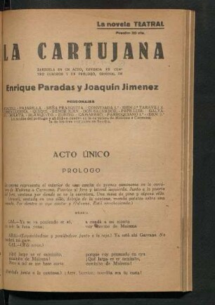 La cartujana : zarzuela en un acto, dividida en cuatro cuadros y un prólogo