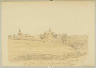 Ortsansicht von Gnandstein (Kohren-Sahlis-Gnandstein) südlich von Frohburg von Südwesten mit der Kirche und der Burg sowie Notizen zur Materialität in der Darstellung