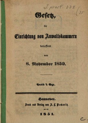 Gesetz, die Einrichtung von Anwaltskammern betreffend vom 8 Nov. 1850
