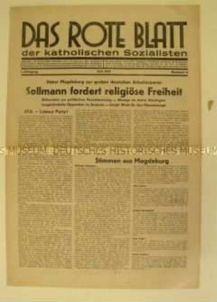 Religiös-sozialistische Monatszeitung "Das rote Blatt der katholischen Sozialisten" u.a. zum SPD-Parteitag in Magdeburg