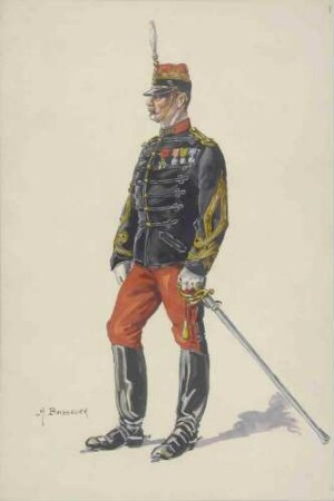 Offizier des franz. 158. Infanterie-Regiments in Uniform, Mütze, Orden und Degen, stehend, in Profil