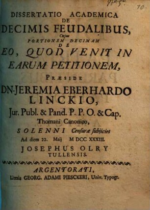 Diss. acad. de decimis feudalibus : cuius portionem decimam de eo, quod venit in earum petitionem