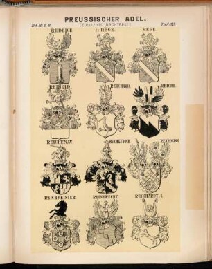 Taf. 129. Redlich. - de Rège. - Rège. - Reibold. - Reichard. - Reiche. - Reichenau. - Reichenbach. - Reichmann. - Reichmeister. - Reinbrecht. - Reinhardt. I.