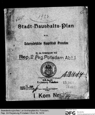 Haushaltsplan der Stadt Prenzlau für das Rechnungsjahr 1923