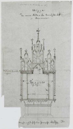 Skizze des neuen Altars der Kreuzkirche in Hannover. Zeichnung; 352 x 202 mm (Blattgröße) (vor 1872; J. Schnorr von Carolsfeld). Dresden: SLUB Mscr.n15.12.267 in Mappe 1, Tafel 5