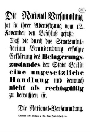Die National=Versammlung hat in ihrer Abendsitzung vom 12. November den Beschluß gefaßt: [...]