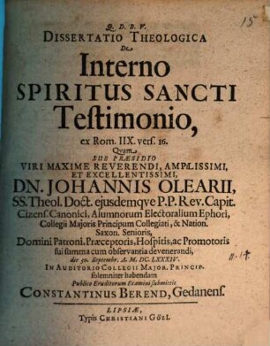 Dissertatio Theologica De Interno Spiritus Sancti Testimonio : ex Rom. IIX. vers. 16.