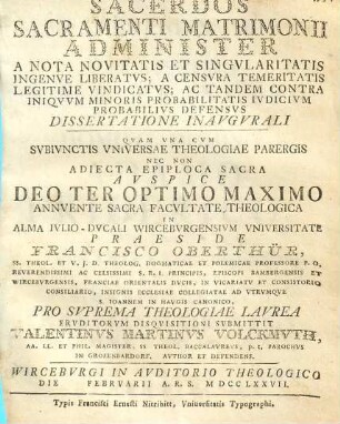 Sacerdos sacramenti matrimonii administer a nota novitatis et singularitatis ingenue liberatus