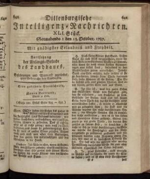 XLI. Stück. Sonnabends: den 13. October, 1787.