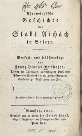 Chronologische Geschichte der Stadt Aichach in Baiern