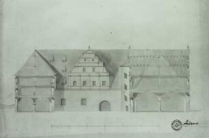 Dresden, Altes Zeughaus: Schnitt durch Nord- und Südflügel mit Aufriß der Westseite des Ostflügels