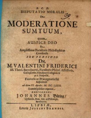 Disp. mor. de moderatione sumtuum