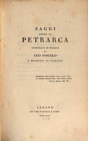 Saggi sopra il Petrarca : pubblicati in Inglese e tradotti in Italiano
