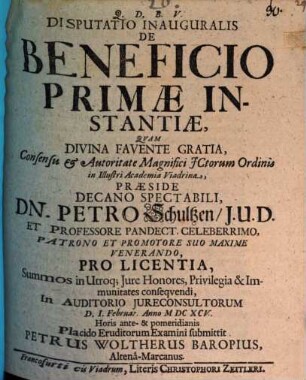 Disp. inaug. de beneficio primae instantiae