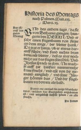 Historia des Montags nach Palmen/ Matt. xxi. Marci. xi.