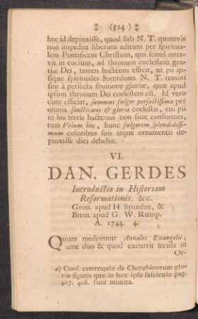 VI. - DAN. GERDES Introductio in Historiam Reformationis.