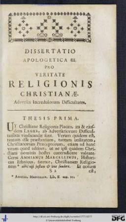 Dissertatio Apologetica III. Pro Veritate Religionis Christianae.
