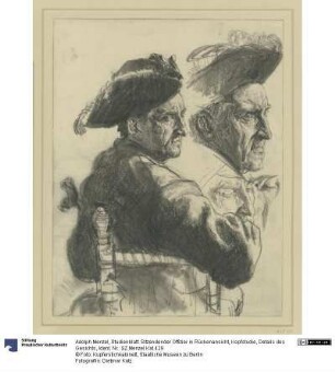 Studienblatt: Sitzendender Offizier in Rückenansicht, Kopfstudie, Details des Gesichts