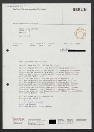 Brief an Knut Winkler an D.U.R.A.N. Film, 20.07.1992
