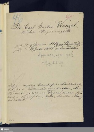 Nr. 290-290h. Wenzel, Carl Gustav