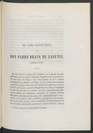 El voto consultivo por Don Pedro Bravo de Lagunas. : (Lima - 1786.)