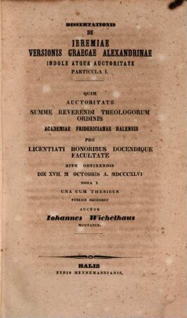 Dissertationis de Jeremiae versionis Graecae Alexandrinae indole atque auctoritate, Partic. I