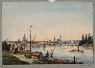 Stadtansicht von Dresden, Blick nach Südwesten auf die Altstadt, im Vordergrund Spaziergänger