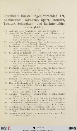 Geschichtliche Darstellungen, Karikaturen, Kostüme-, Sport-, Medizin-, Schlachten- u. Soldatenbilder u. dergl. (Nr. 1949-2112)