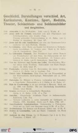 Geschichtliche Darstellungen, Karikaturen, Kostüme-, Sport-, Medizin-, Schlachten- u. Soldatenbilder u. dergl. (Nr. 1949-2112)