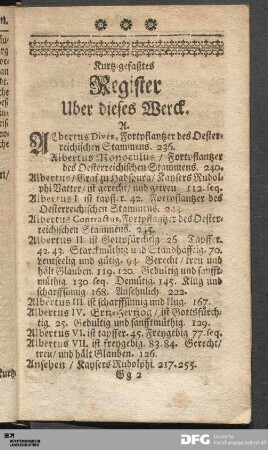 Kurtz-gefaßtes Register Uber dieses Werck.