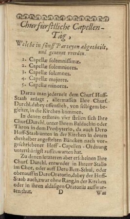 Churfûrstlliche Cappellen-Tag, Welche in fûnff Parteyen abgetheilt, und genennt vverden.