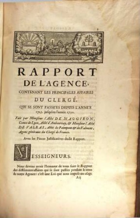 Rapport de l'agence : contenant les principales affaires du clergé qui sont passées depuis l'année 1725 jusqu'à l'année 1730