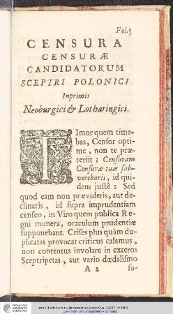 Censura Censurae Candidatorum Sceptri Polonici Inprimis Neoburgici & Lotharingici