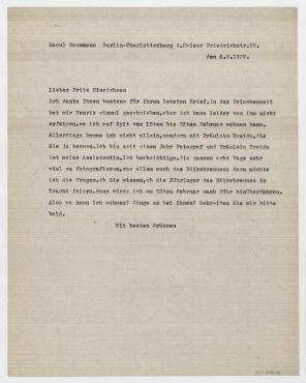 Briefentwurf von Raoul Hausmann an Fritz Hinrichsen. Berlin