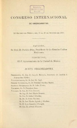 CONGRESO INTERNACIONAL DE AMERICANISTAS. ACTAS DE LA 11. REUNION. MEXICO - 1895. MEXICO 1895.
