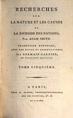 Recherches sur la nature et les causes de la richesse des nations, 5