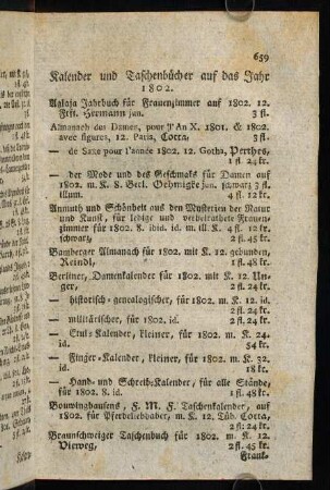 659-662, Kalender und Taschenbücher auf das Jahr 1802.
