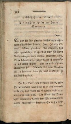 Achtzehnter Brief. Sir Ambros Adler an Herrn Weymann.