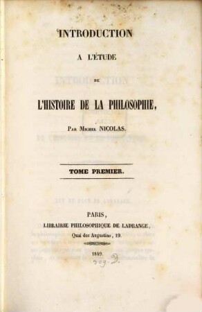 Introduction a l'étude de l'histoire de la philosophie. 1