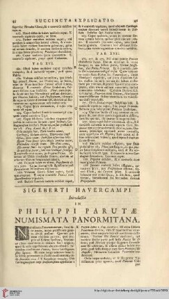 Sigeberti Havercampi introductio in Philippi Parutae numismata Panormitana