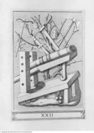 Memorie concernenti la città di Urbino dedicate alla Sagra Real Maestà di Giacomo III Re della Gran Bretagna, Kriegsgeschoss (?); (Blatt 22)