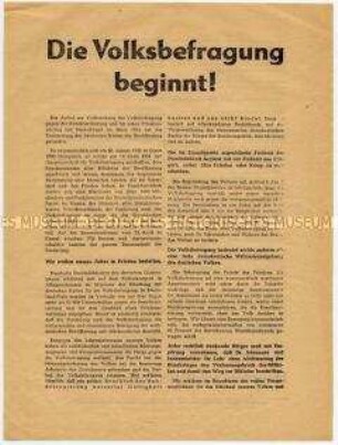 Aufruf des Amtes für Information zum Beginn der Volksbefragung für Friedensvertrag, gegen Remilitarisierung, entgegen dem Verbot der Bundesregierung