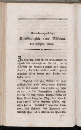 Bewunderungswürdige Standhaftigkeit eines Mädchens von fünfzehn Jahren