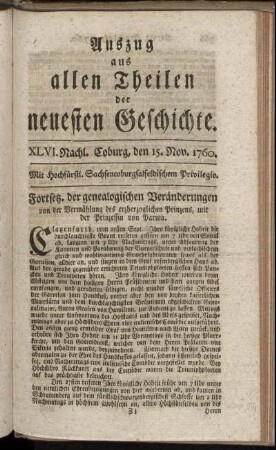 XLVI. Nachl. Coburg, den 15. Nov. 1760.