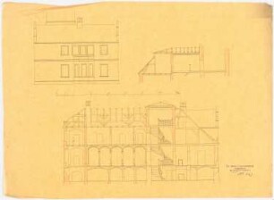Schloss Ponischowitz Umbau und Ausbau: Längsschnitt, Teillängsschnitt durch das Dachgeschoss, Aufriss Anbau-Südseite, Maßstabsleiste