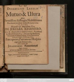 Dissertatio Legalis De Mutuo & Usura