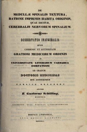 De medullae spinalis textura, ratione imprimis habita originis, quae dicitur, cerebralis nervorum spinalium : Diss. inaug.