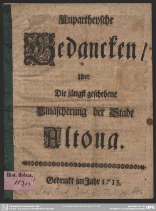 Unpartheyische Gedancken, über Die jüngst geschehene Einäscherung der Stadt Altona